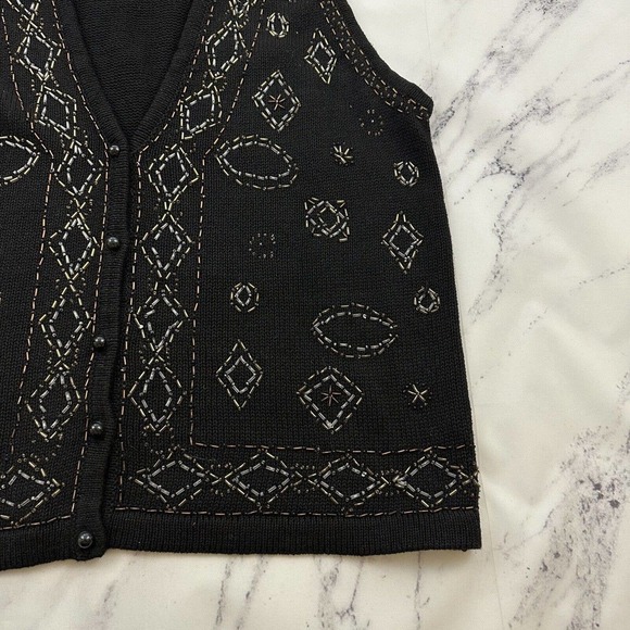 SML Sport Womens Vintage 90s Sweater Vest Size M Black Brown Floral Beaded Knit - Picture 3 of 9